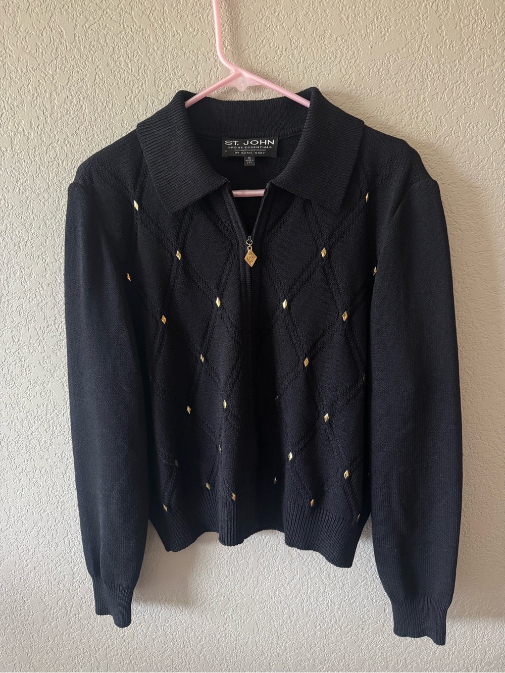 St. John Sport Essentials Marie Gray Black Gold Zip Knit Cardigan M Made USA